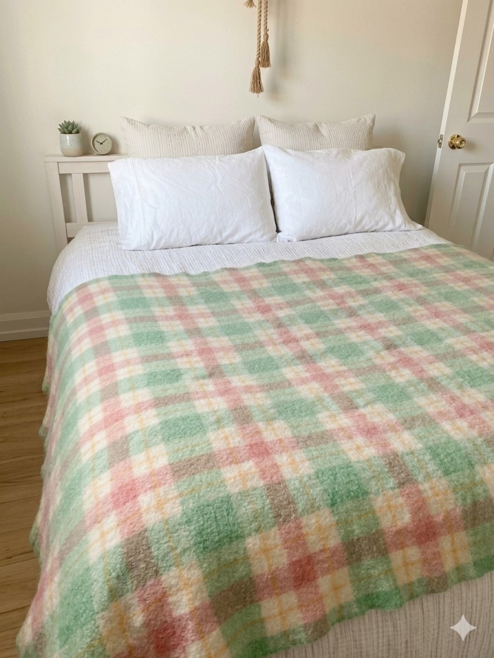 Pure Vintage Wool Pastel Plaid Bed Blanket - Green, Pink & Cream